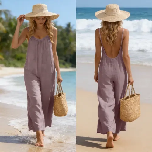 Molitree Women's Summer Casual Sleeveless Backless Jumpsuit 2026 Vacation House Overall with Spaghetti Straps & V Neck for Beach Vacations - Womenswear