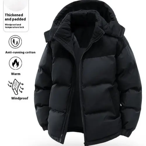 Men's Fitted Winter Hooded Down Jacket - Mens Clothing, Polyester Fiber Filled, Color Block Design, Long Sleeve Detachable Hat, Thick Warm Outerwear Coat