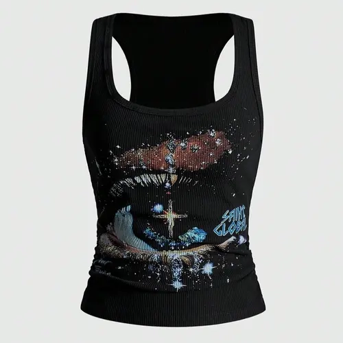 American Vintage Print Tank Top, Street Style U Neck Sleeveless Top, Perfect for Casual, Layering, and Social Gatherings, Streetwear