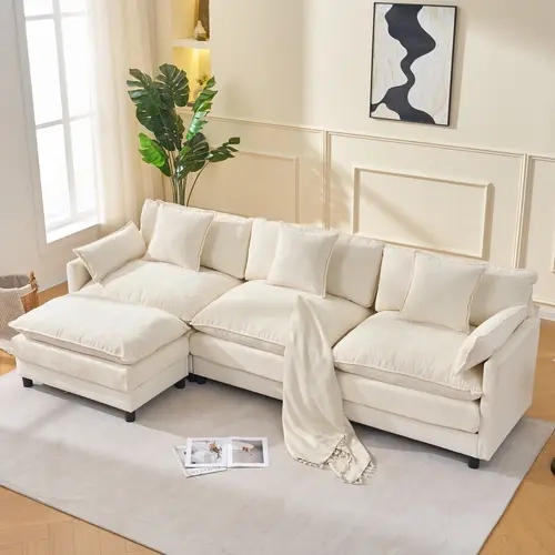 Niccae 39.4-in Oversized Modern Chenille Upholstered Armchair with Fixed Arms + Ottoman - Wrinkle-Resist, Durable 4-Seat Sofa Set, Living Room Sofa, Square Contour, Tools Included, Bedroom Reading Chair, Beige & Black, Fourseats