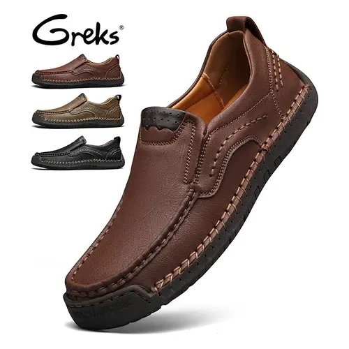 GREKS Men's Wide Slip-On Loafers - Lightweight, Flexible, Hand-Stitched Flat Footwear for Holiday Wear - Available in Black, Brown, Khaki & Multi-Color Versatile Shoe