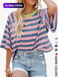 1 Piece Casual Minimalist Striped Pattern Round Neck Short Sleeve Loose Women's T-Shirt, Suitable For Summer, Oversized T Shirt