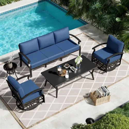 【Summer Vibes】KULLAVIK Modern Aluminum 5-Seater Outdoor Patio Sofa Set with 5.1" Thick Cushions & Coffee Table - All-Weather Sectional for Backyard, Porch Furniture Set, Outdoor Patio Furniture