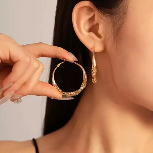 Women's 14K Gold Plated Twisted Thick Gold Hoop Earrings - Bold Round Crystal Accents, Chunky Earrings for Fashion-Forward Woman, Versatile for Any Occasion