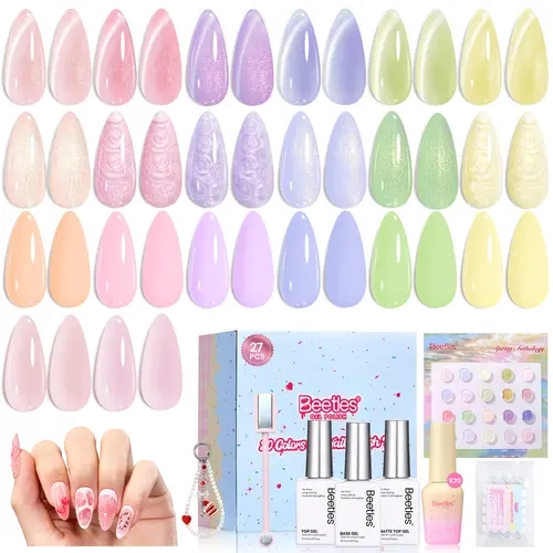 Beetles Gel Nail Polish Set - Spring Pastel, Fruit, Jelly, Aesthetic, Berry Gel Colors, Top Coats, Tools, Nail Stickers, Box, Women's DIY Manicure Kit, Birthday Gift, Casual Mint, Spring Pink, Peach, Lavender Shades