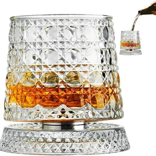 360-Degree Rotating Lead-Free Premium Crystal Whiskey Tumbler Cup with Stress Relief Base for Bourbon, Cocktails, Drink - Father's Day Gift for Dad, Husband, Men's Stuff Unique Birthday Gift