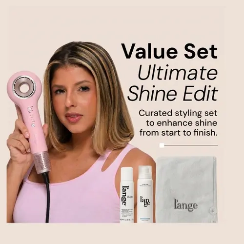 L'ANGE HAIR Ultimate Shine Edit Hair Care Kit - Button-Activated Drying Axia HaloRing Dryer, Glass Thermal Blowout Primer, Top Coat Shine Spray, White Wrap, Brush, Storage Beauty Products