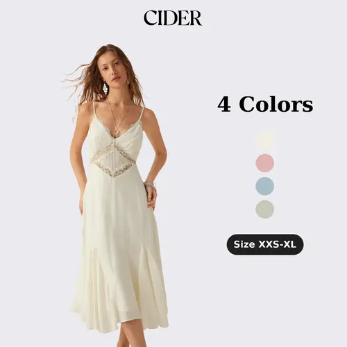 Cider Boho Lace Panel Midi Dress for Beach Vacation, Elegant A-Line Cami Dresses, Ladies Casual Sundress, Spring Birthday Outfits, Lady Gown