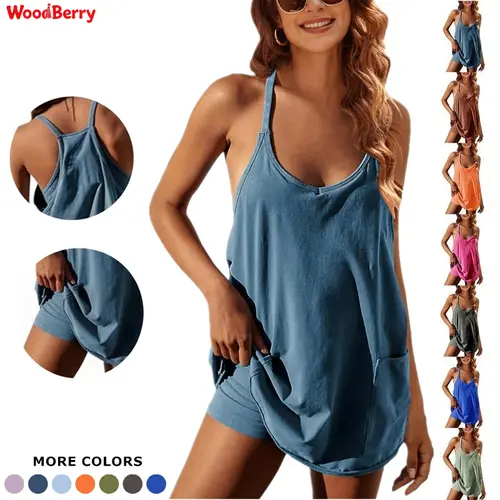 Woodberry Women's Cotton Blend Sleeveless V-Neck Racerback Spaghetti Strap Mini Activewear Dress - Built-in Shorts, Pockets, Ideal for Spring-Summer Casual, Yoga Use