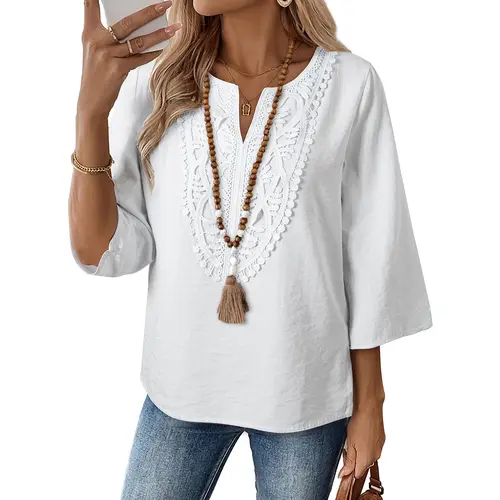 EVALESS Women's Boho Blouses - 3/4 Sleeve V-Neck Cotton Tops, Dressy Casual Evening Spring Vacation Outfits