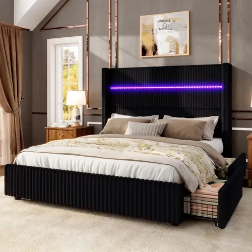 AMERLIFE Full Size Soft Corduroy Upholstered Storage Bed Frame - 51.2" Tall Wingback Headboard, 4 Drawers Storage (Fits 60 T-shirts), LED Lighting, USB Port, Silent, Stable, Vertical Stripe, No Box Spring Needed, Easy Assembly, Bedroom Decor#TikTokShopFal