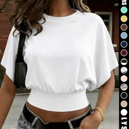 Women's Plain Basic Minimalist Batwing Sleeve Tee, Casual Everyday Short Sleeve Round Neck Fit T-Shirt for Daily Wear, Womenswear Women's Top for All Seasons