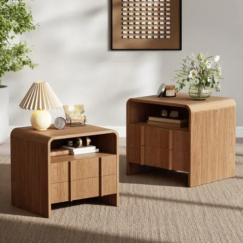 AMERLIFE Modern Minimal Rectangle Nightstand - Compact Size Engineered Wood Furniture with Storage Drawer, Open Shelves, Curved Profile, Pine Handles, 12" Slides, for Bedroom, Small Spaces, Children#TikTokS