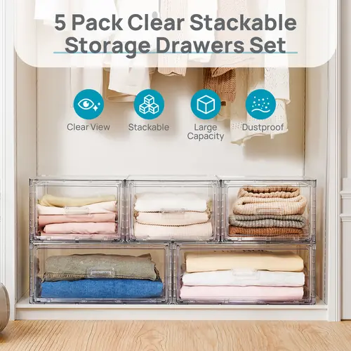 【Live Only】Vtopmart 2-5 Pack Large Storage Drawers Clear Stackable Dustproof, Large 23QT Durable Plastic Organizer Bins 2/5 Pack for Shoes, Clothes, Bedding, Dorm Room, Closet & Bedroom Organization