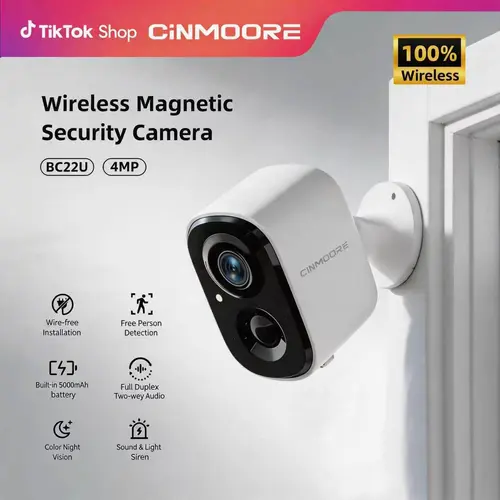 CINMOORE 2.5K Magnetic Wireless Security Camera - Rechargeable Lithium Ion Battery, Wall Mount, 2.4G Wi-Fi, Easy-Install Indoor/Outdoor, HD Lens, Full-Color Night Vision, Motion Detection, 2-Way Speaker, Local Storage Card, Smart Home Gadgets