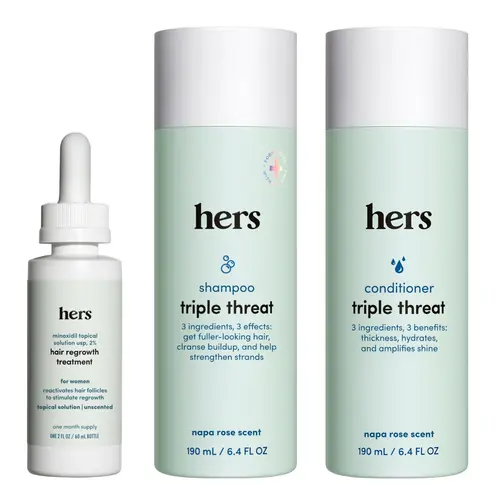 Hers Triple Threat Haircare Kit - 2% Minoxidil Serum, Color-Safe Cleanser Shampoo, Hydrating Conditioner - Daily Use Selfcare Beauty Products, 3-Count Gentle Shampoo and Conditioner Set
