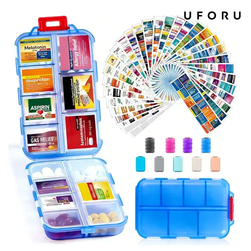 UFORU Lightweight Travel-Size Carry Pill Organizer - 10-Slot Weekly Home Storage Box, Healthcare Aid, Purse Stuffer, Mini Gift, Holds Vitamins, Jewelry & Beads Too, Includes 146 Labels (No Pills Included)