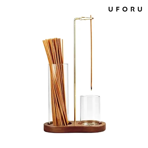 UFORU 2-in-1 Wood/Glass Decorative Aromatherapy Incense Burner-Candle Holder, Unscented Home Goods Accessory with Removable Ash Catcher, Angle-Adjustable Metal Clip, Minimalist Stable Base for Birthday Gifts, Stress Relief