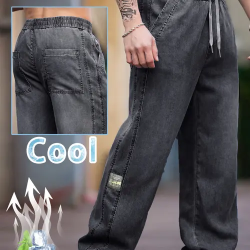 Men's Vintage Jeans, Elastic Drawstring Waist, Loose Fit Casual Long Pants, Spring Summer 2026, All Seasons, Casual Jeans Menswear