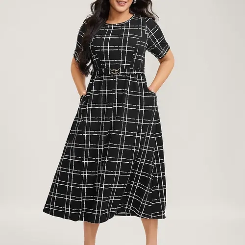 BloomChic Grid Print Knit Belted Midi Dress 【M-6XL】