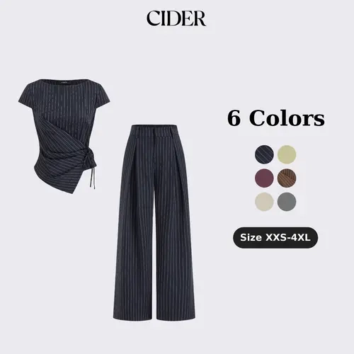 Cider Striped Boat Neck Short Sleeve Wrap Knotted Top & Mid Rise Straight Leg Trousers Set
