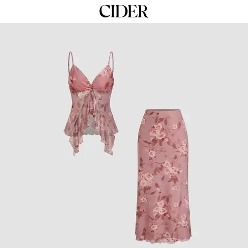 Cider V-neck Floral Ruffle Cami Top & Mid Rise Maxi Skirt Set