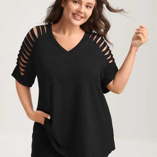 BLOOMCHIC Women's Plus Size Basic Simple Minimalist Comfy Everyday Fitted Spandex V-Neck Short-Sleeve Cut-Out Top - M-6X, Summer Finds, SohoChi