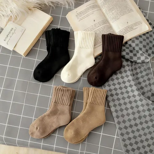5-Pack Women's Solid Mid-Calf Socks, Warm & Comfy, Beats Peers, Fall Daily Must-Have,E