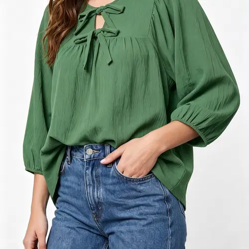 Shewin Women's Minimalist Collarless Blouse - 3/4 Sleeves, Round Neck, Bow Tie, Extra-Loose Fit, Curvy Style, Durable, Breathable Casual Top, Casual Basic Loose, Cute Tops for Women, Yearround Layering Daily Wear