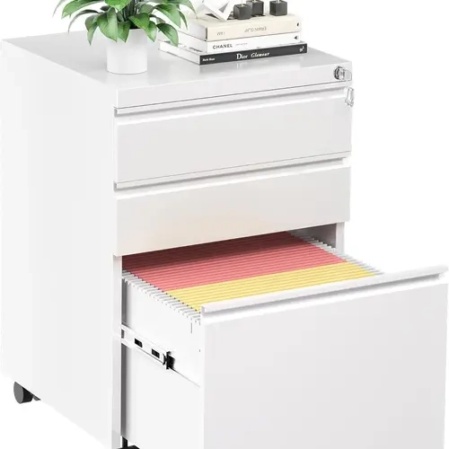 INTERGREAT 3 Drawer Filing Cabinet with Lock, White Mobile File Cabinet with Wheels, Rolling Small Metal Cabinets Under Desk for Home Office, Assembled