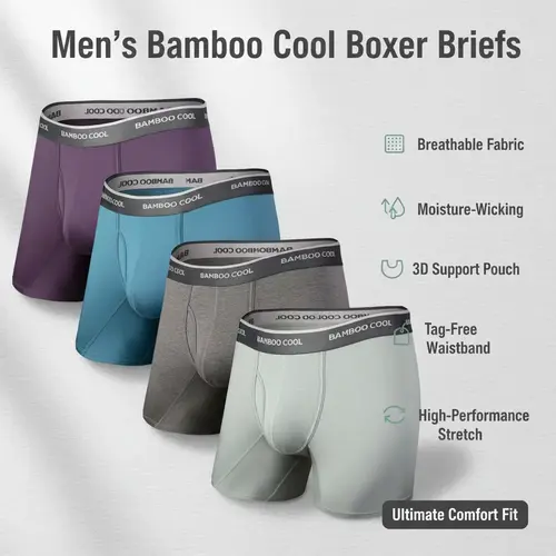 BAMBOO COOL Breathable Cool Men's Boxer Briefs - High Stretch Fabric, 3D Support Pouch, Tag-Free Waistband, Moisture-Wicking, Minimalist Menswear for Summer, S-3XL, Body-Safe Men's Boxer Briefs