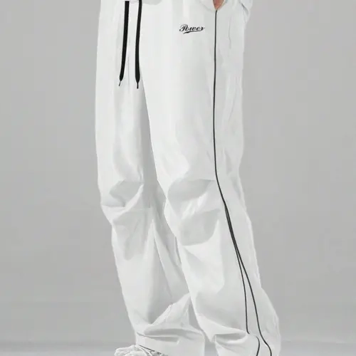 Men's Y2K White Polyester Wide-Leg Sweatpants - "Power" Embroidered All-Seasons Men's Clothing, Casual Activewear Sportswear Bottoms, Machine Washable Pants