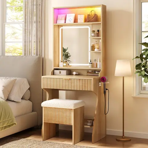 Sikaic Small Vanity Desk with Mirror and Lights, Sound Sync LED Lights, Fluted Wood Compact Makeup Vanity Table Set with Teddy Fleece Chair, Storage Drawer, Shelves, Bedroom, Home Furniture Christmas Gifts cozy home familyfun [TikTokShopblackfriday]