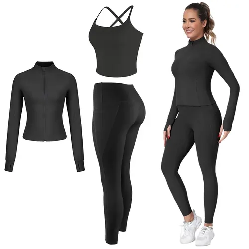 【LOCAL SHIPPING】 New 3-Piece Workout Set - Adjustable Straps Sports Bra + No Front Seam & Butt Lifting Leggings with Pockets + Concealed Full Zip Jacket with Collar Shield – Women’s Yoga Outfit Activewear for Gym Running Training Sportswear