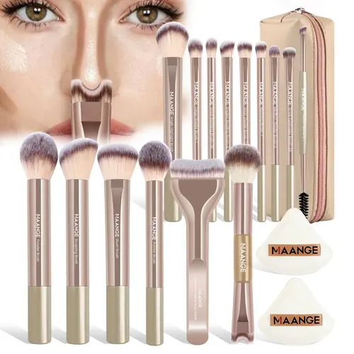 MAANGE Professional Makeup Brushes Kit - 14pcs Brushes & 2 Puffs + Storage Bag, Brown Beginner-Safe Travel Set for Eyeshadow, Powder, Liquid, Cream, Travel Brush Set#BlackFriday#Friendsgiving#GiftIdeas