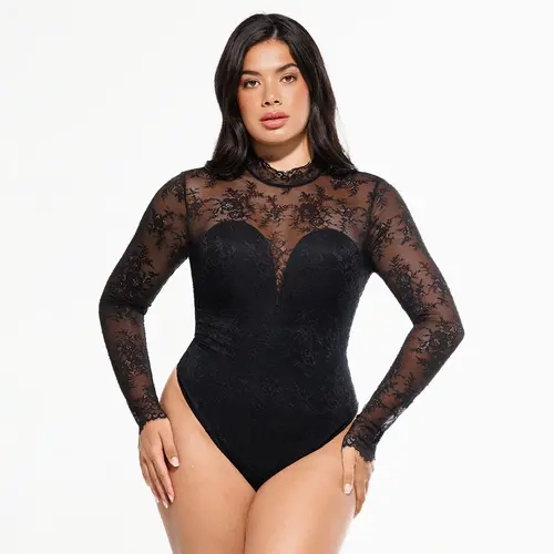 POPILUSH Women's Deep V Long Sleeve Bodysuit - Lace Mock Neck, Built-in Bra, Tummy Control, Breathable Fabric, Body Contouring, Fitted 1-Piece Full Body Bodysuits for Everyday Wear