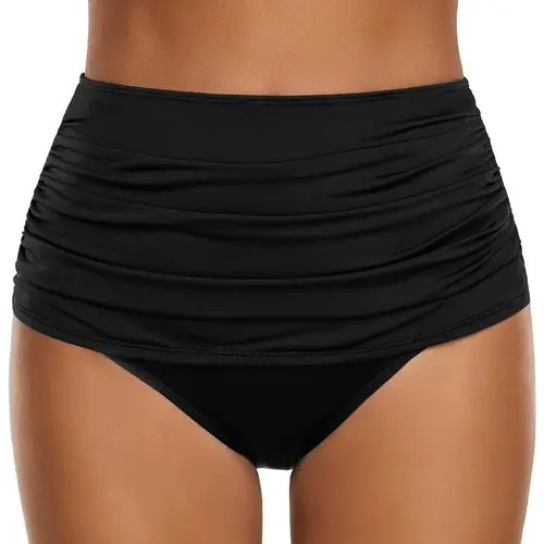 GRAPENT Women's High-Waist Beachwear Solid Ruched Swimsuit Bottoms - Polyamide-Elastane Tummy-Hug Control Swimsuit for Women, Machine-Washable Beach Outfits for All Sizes