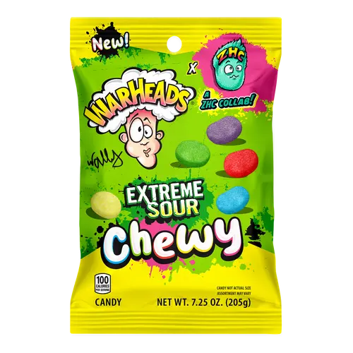 WARHEADS X ZHC Extreme Sour Bite Tangy Sour Candy with Assorted Fruits Flavor & Sweet Finish, 7.25oz Peg Bag Chewy Snack