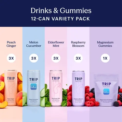 TRIP Ultimate Calm Bundle: Wild Berry Magnesium Gummies (30-Day Supply) + 12-Pack Premium Lightly Sparkling Drinks - No Added Sugar, Vegan, Ashwagandha & Lion’s Mane