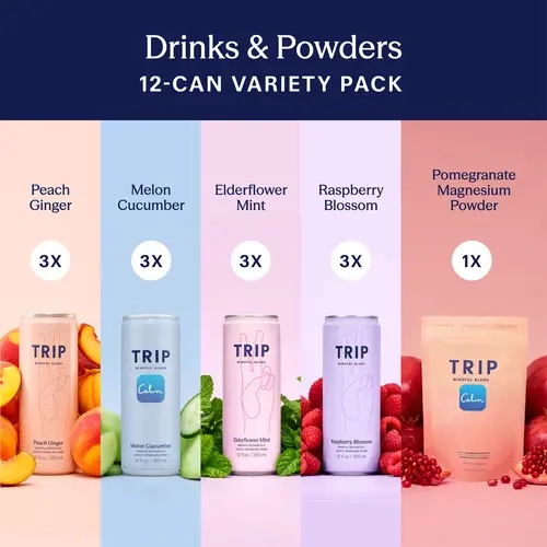 TRIP Ultimate Daily Calm Bundle: 12-Pack Botanical Magnesium Spritzes (Variety Pack) + Pomegranate Orange Blossom Magnesium Powder – Adaptogens, L-Theanine & Lion’s Mane