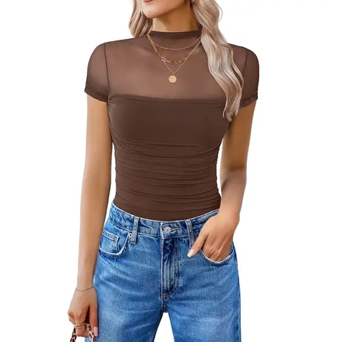 Avidlove Women's Short Sleeve Bodysuit Turtle Neck Body Suits Mesh One Piece Leotard Going Out Tops Date Outfits Fabric Womenswear Seamless Feminine Minimalist Crewneck Basic Elegant Ruched Shapewear