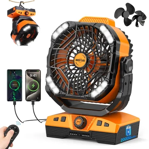 WESTTREE  Portable Camping Fan, 20000mAh Rechargeable Battery Powered Tent Fan with LED Light, Remote Control, 5 Speeds, Timer, Power Bank for Outdoor Camping,Travel,dorm essentials,home essentials，BackToSchool
