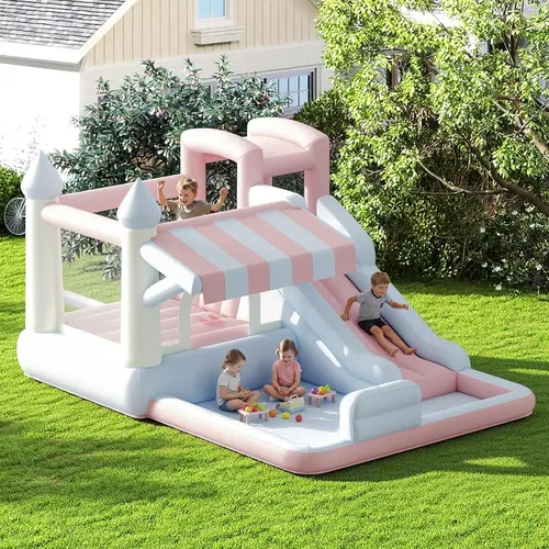[Summerwins]AMERLIFE Inflatable Water Slide Bounce House - Outdoor Kids Stuff with Jumping Area, Climbing Wall, Splash Pool, Water Gun, Included Air Blower for Ages 3-12 (Indoor/Outdoor Use), Water Slides