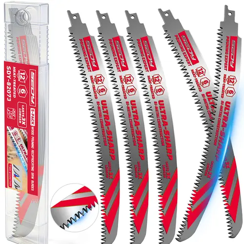 5-PC Japanese Teeth Reciprocating Saw Blades, 12 or 15 Inch, 6TPI Arc Edge Wood Pruning Saw Blades Set with Storage Box for Tree Trimming, Wood Cutting, 5 Pack,father'sdaygifts High Quality Steel Tool