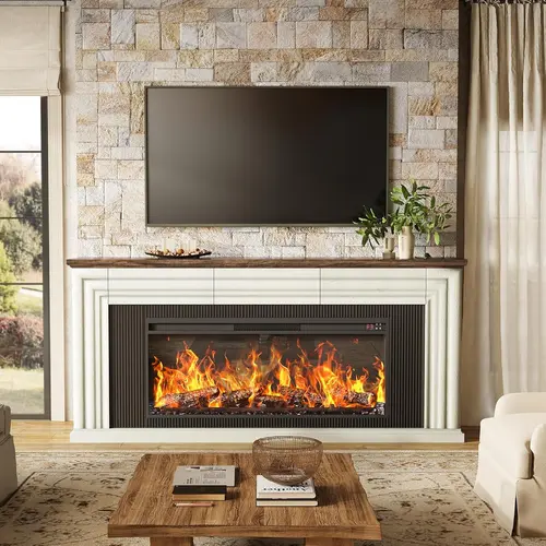 【2 Packages Shipping】PRAISUN 70'' Fireplace TV Stand with 42'' Electric Fireplace, Farmhouse TV Stand for 65 75 Inch TV, Entertainment Center TV Console with 3 Drawers, Fluted Design, for Living Room, Wood Tv Stand, Tv Console Cabinet
