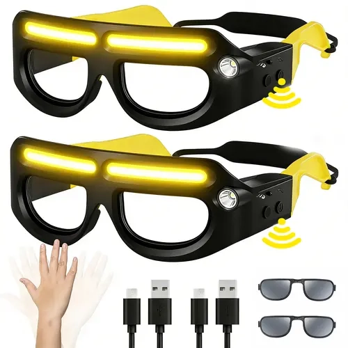 Rechargeable LED Glasses Headlamp (2 Counts) for Adults 18+ Years, Motion Sensor & Hand-Wave Control, 5-Mode COB Dual LED Strips, USB-C Fast Charging, IPX4 Waterproof, Hands-Free for Running,Emergency,Camping - Christmas Gift for Men familyfun