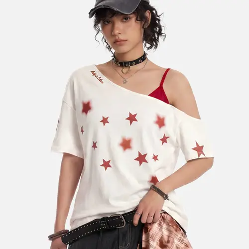 Aelfric Eden Star Graphic Off The Shoulder Tee Y2K Retro Oversized Fit Star Print Streetwear Top Summer Casual,back to school,back to school shopping,clothes for back to school,first day of school outfits