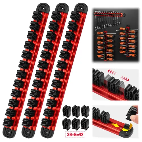 3-Piece Magnetic Screwdriver Organizer and Wrench Organizer, 14-Slot Screwdriver and Wrench Holder, Magnetic Aluminum Rail Tool Organizer for Tool Box Drawer Wall-Mount Storage,Red(Tools not Included)