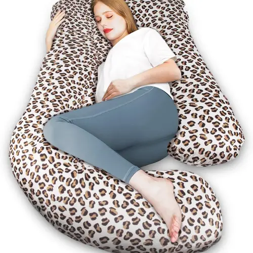 CHILLING HOME Maternity J-Shape Polyester Full Body Pillow, 63 inch Nursing Support, Luxe-Feel Velvet Removable Cover, Leopard Print, Double Zips, Cooler Sleep, Sofa Use