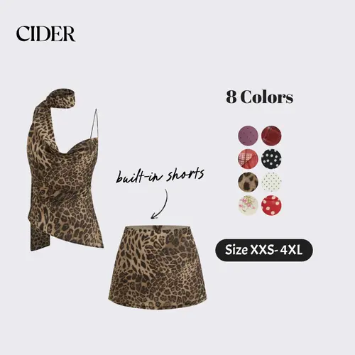 Cider Leopard Print Cami Top & Mini Skort Set with Scarf – Women's Sexy Y2K Party Holiday 2-Piece Outfit, Cowl Neck Ruched Slim Fit Matching Set for Summer Night Out